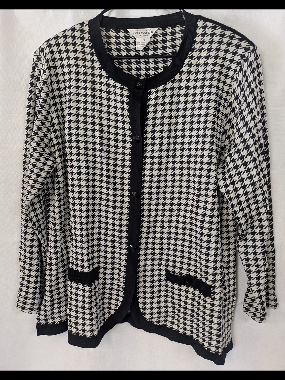 Misook Black & White Houndstooth Button Cardigan Sweater